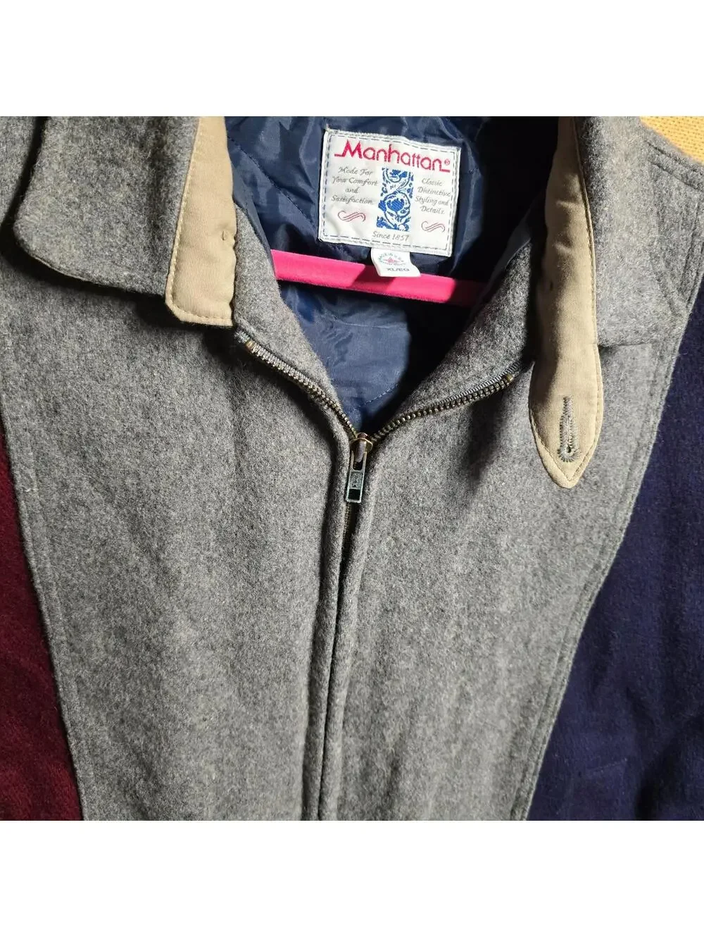 Vintage Manhattan Wool Bomber Jacket Men's XL Colorblock Coat 80s USA - Picture 3 of 9